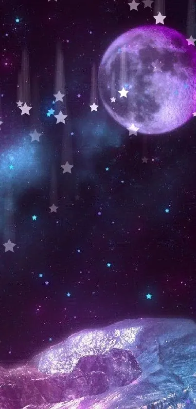 Purple moon and starry cosmic night sky wallpaper.