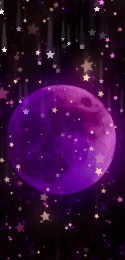 Purple moon with golden stars on dark background mobile wallpaper.