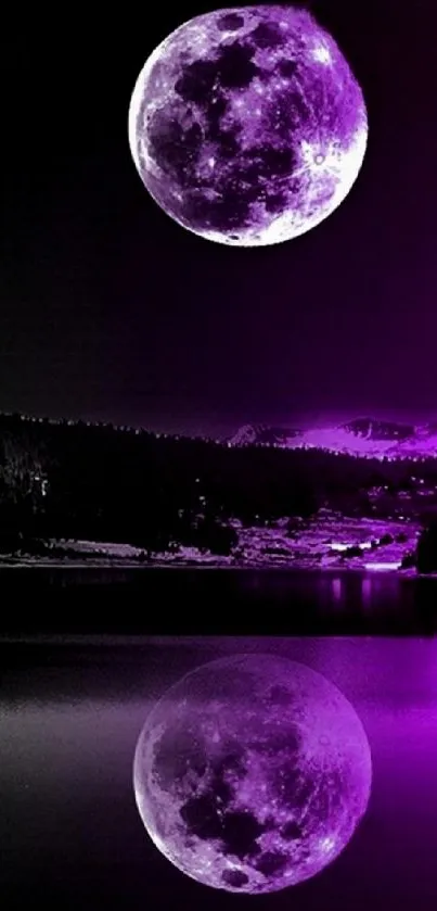 Purple moon reflecting over a tranquil lake under a mysterious night sky.