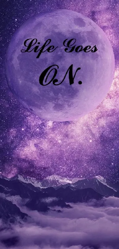 Purple moon and mountain wallpaper with galaxy background.