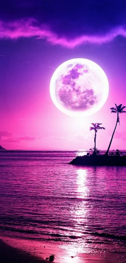 Purple beach with moonlit palm trees and serene ocean.