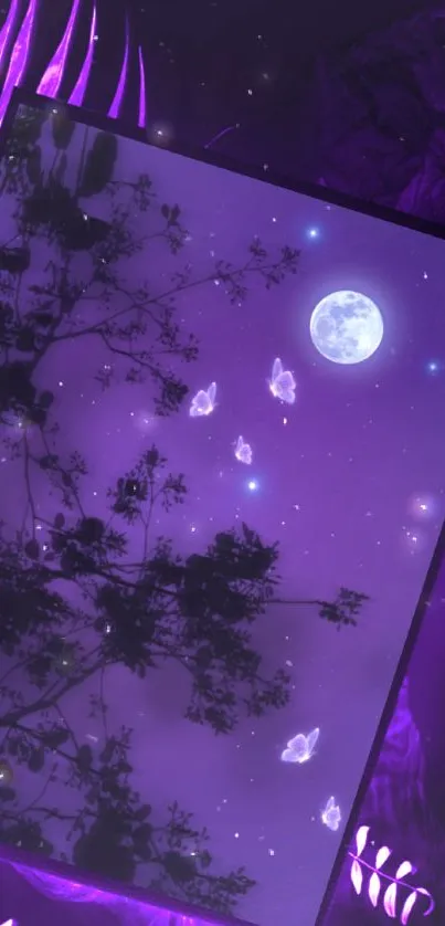 Purple night scene with moon and butterflies.