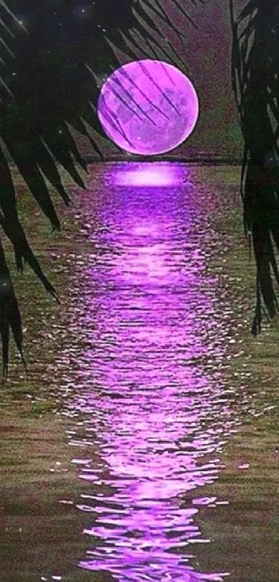 Purple moon reflecting on water with palm trees at night.