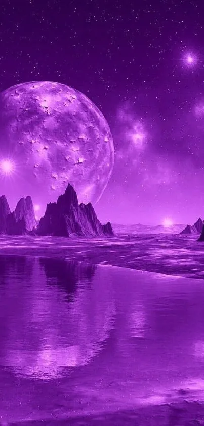 Purple moonlit fantasy landscape with mountains and a reflective lake.