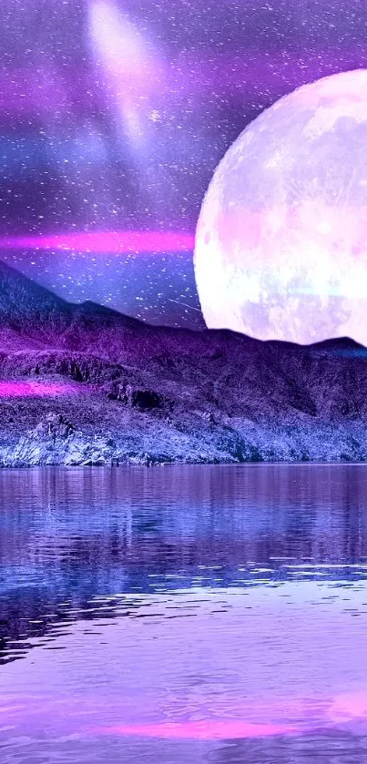 Serene purple moonlit lake with mountain reflections.