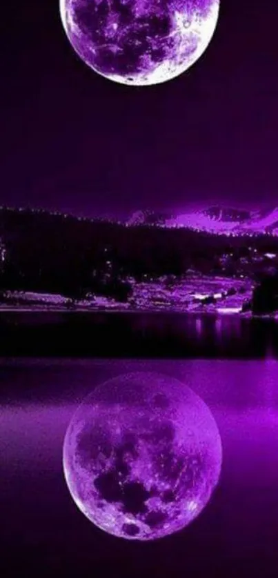 Purple moonlit lake with reflection wallpaper.