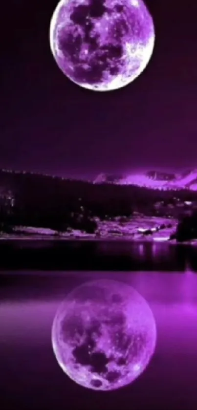 Purple moonlit lake with vibrant reflections.