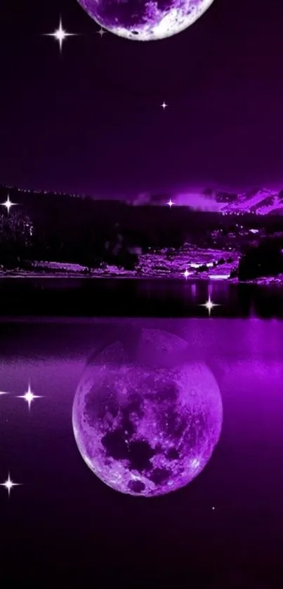 Purple moon and lake with stars under a serene night sky.