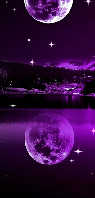 Purple moonlit lake reflecting in tranquil waters.