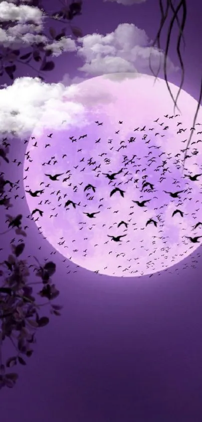 Purple moonlit night wallpaper with birds and clouds.