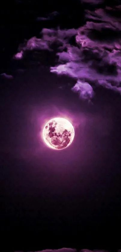 Purple moonlit night wallpaper with clouds and glowing moon.