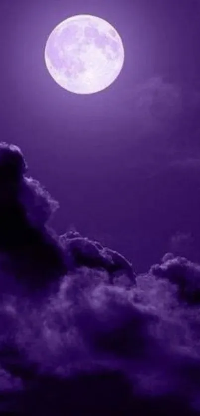 Purple moonlit night with glowing full moon and deep purple clouds.