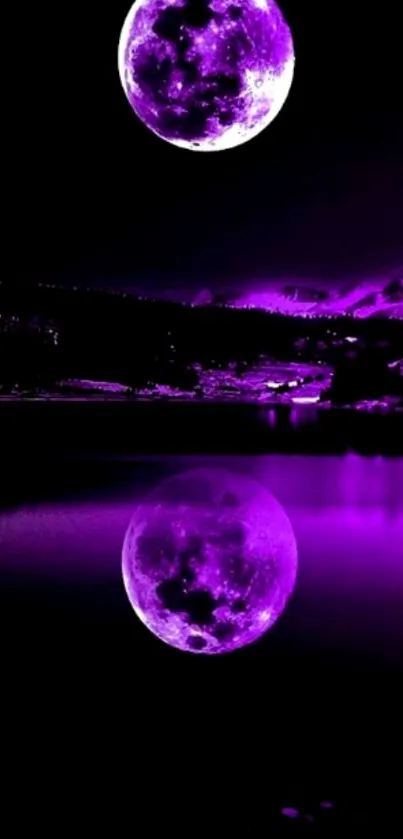 Purple moonlit nightscape with mountains reflecting on a lake.