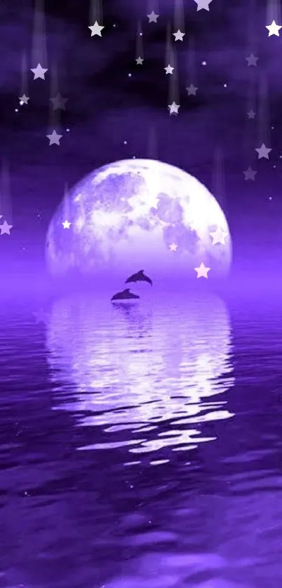 Purple moonlit ocean with dolphin silhouettes.