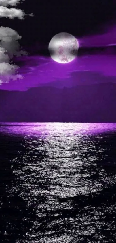 Purple moonlit ocean with night sky and glowing reflection.