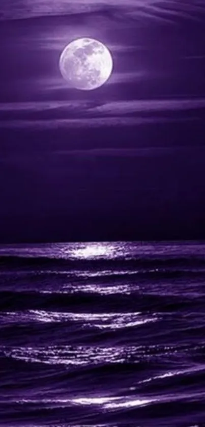 Purple moonlit ocean scene under a glowing full moon, reflecting on the sea.