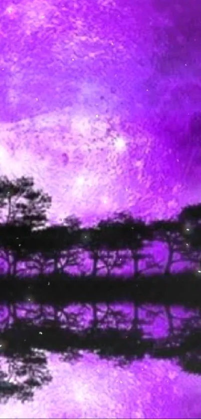 Purple moonlit landscape reflecting on a serene lake.