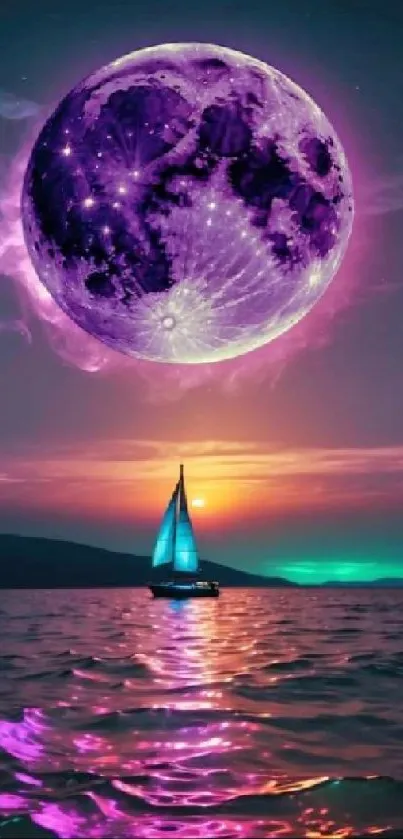 A boat sails under a glowing purple moon, reflecting on vibrant waters at night.