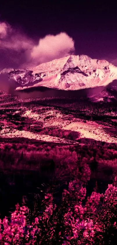 Vibrant purple mountain landscape with cloudy sky.