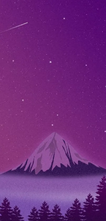 Purple night landscape with mountain and stars.