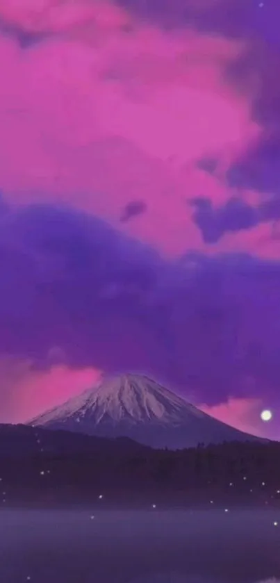 Purple night sky with mountain silhouette under mystical clouds.