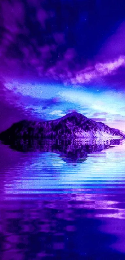 Purple mountain reflecting in serene water at dusk.