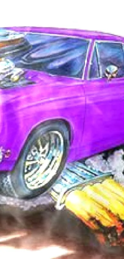 Purple muscle car with flames illustration, showcasing vibrant automotive art.