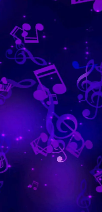 Purple wallpaper with musical notes and starry background for mobile.