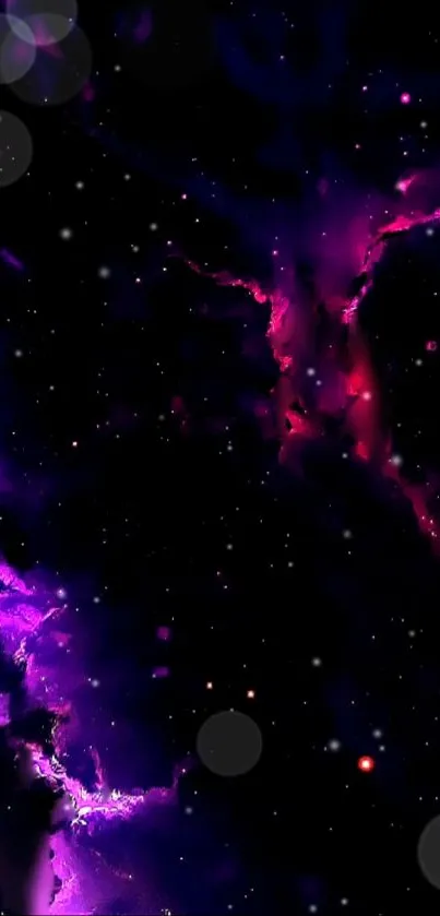 Vibrant purple nebula galaxy wallpaper with stars for mobile screens.