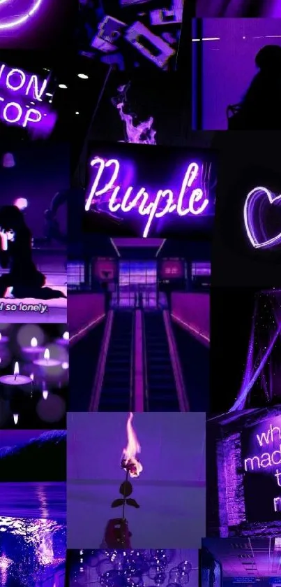 Purple neon aesthetic wallpaper with vibrant signs and silhouettes.