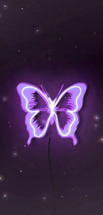 Purple neon butterfly glows against a starry dark background.