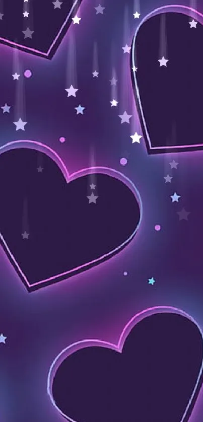 Purple neon hearts with cosmic background wallpaper.