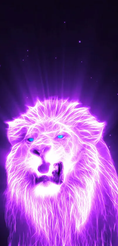 Neon glowing lion with purple hues and bright blue eyes.