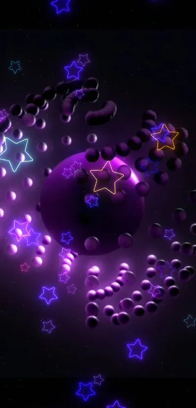 Purple neon wallpaper with glowing stars and abstract pattern.