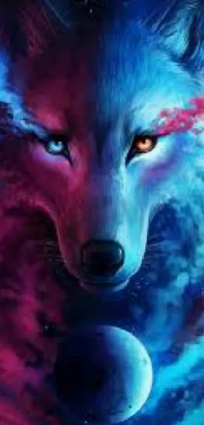 Purple neon wolf with glowing eyes, vibrant cosmic background.