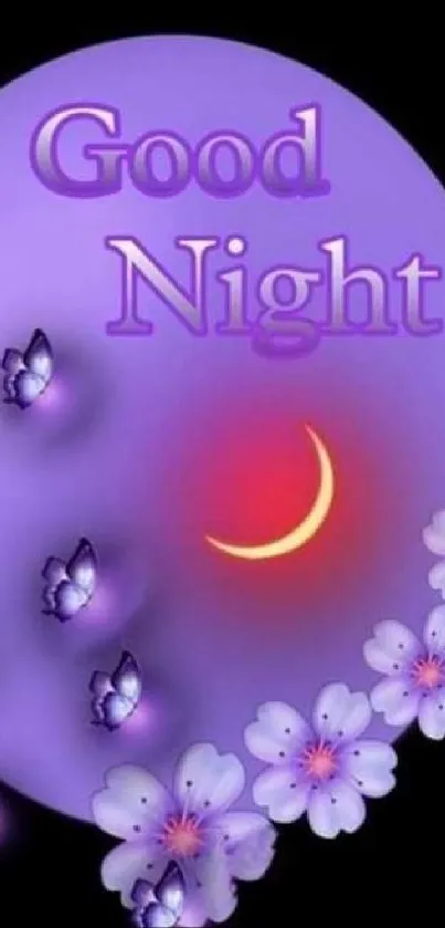 Purple night wallpaper with butterflies and flowers.