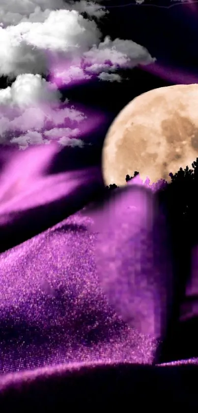 Purple night with full moon and clouds in a surreal landscape.