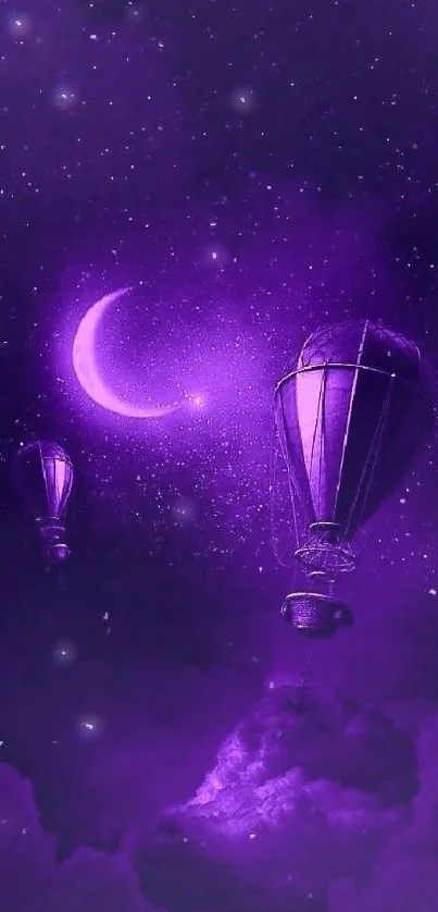 Purple night sky with hot air balloons and crescent moon.