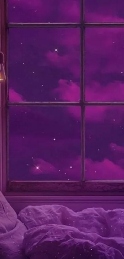 Purple night sky through a window with stars and bedding.