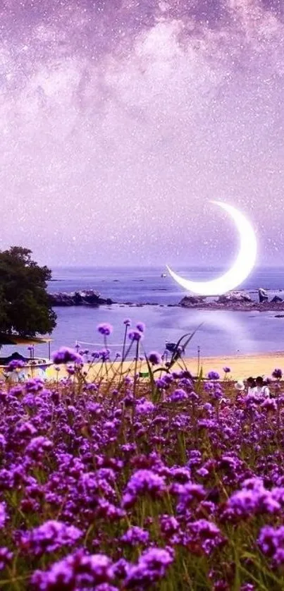 A dreamy purple landscape with crescent moon and vibrant flowers.