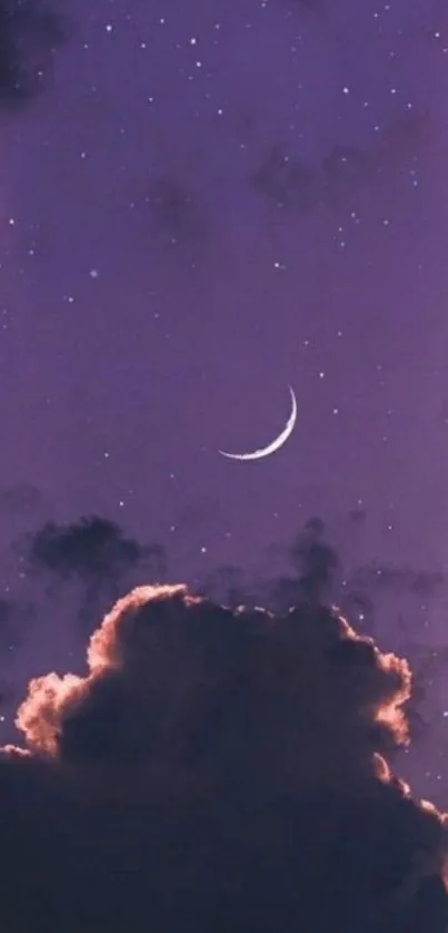 Purple night sky with crescent moon and stars.