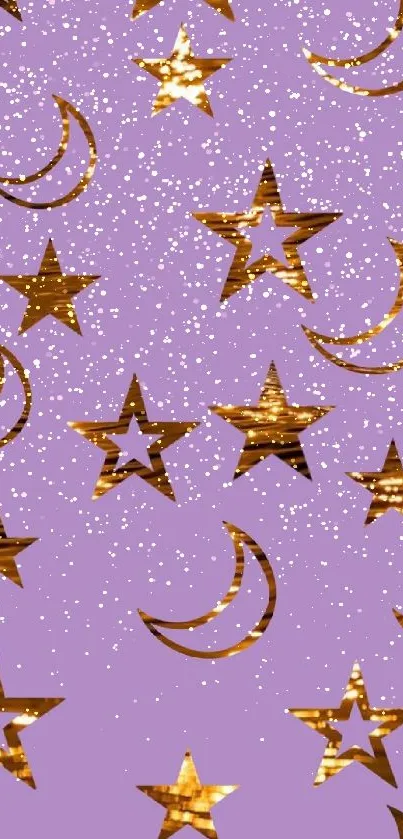 Purple wallpaper with golden stars and crescent moons.