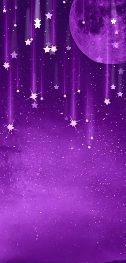 Dreamy purple night sky with a glowing moon and falling stars.