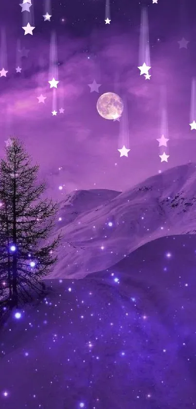 Purple night sky wallpaper with moon, stars, and tree silhouette.