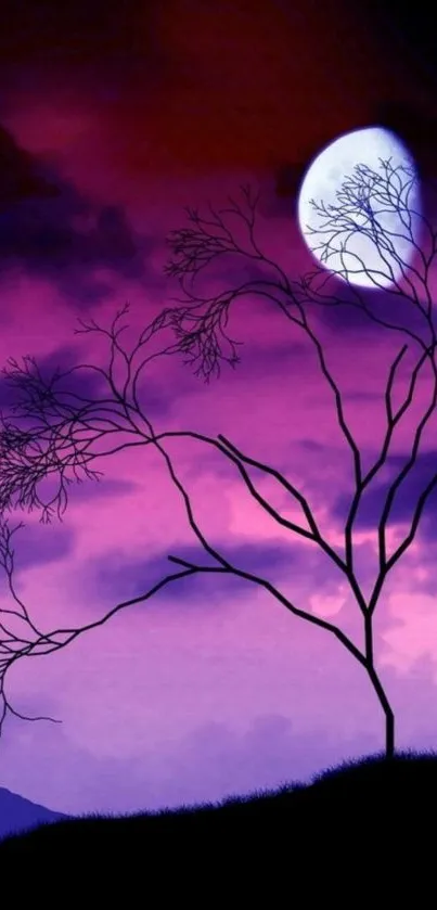 Purple night sky wallpaper with silhouetted tree and bright moon.