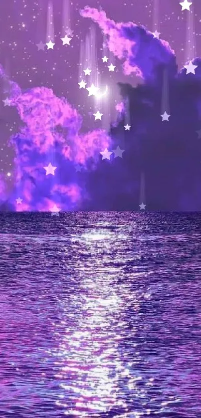 Purple night sky with ocean reflection and stars, creating a serene mobile wallpaper.