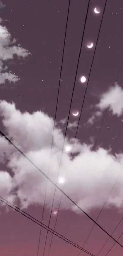 Purple night sky with clouds and moon phases.