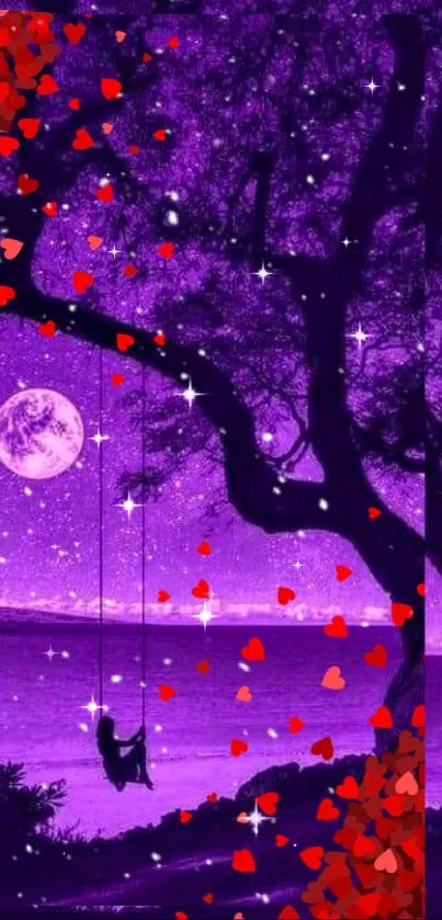 Enchanting purple night sky with moon and hearts.