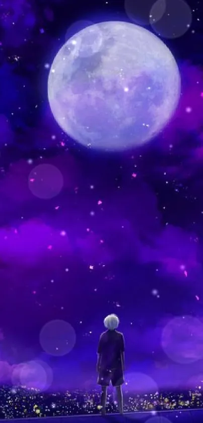 Lone figure under a purple night sky and bright full moon wallpaper.