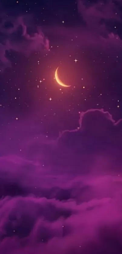 Purple night sky with crescent moon and stars wallpaper.